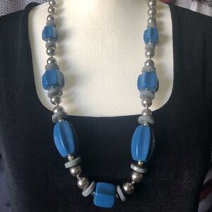 Fashion 30” Necklace- Chunky Blue Beads and Silver-colored Accents
